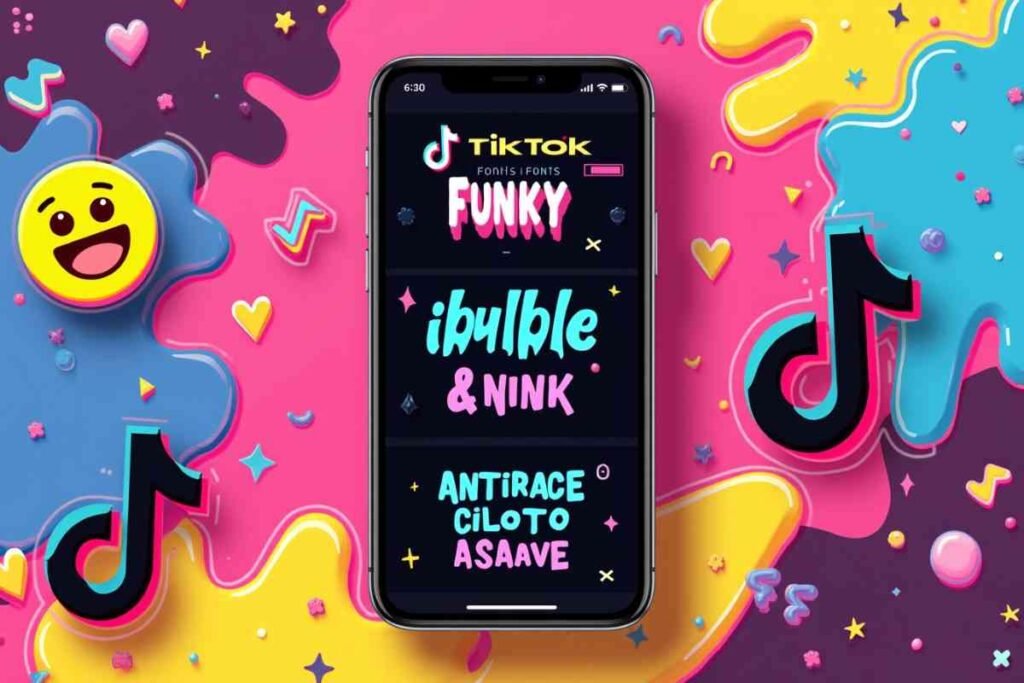 Vibrant smartphone screen displaying a TikTok interface with captions using Freaky TikTok Fonts, including dripping and bubble styles, showcasing creative ways to stand out on TikTok.