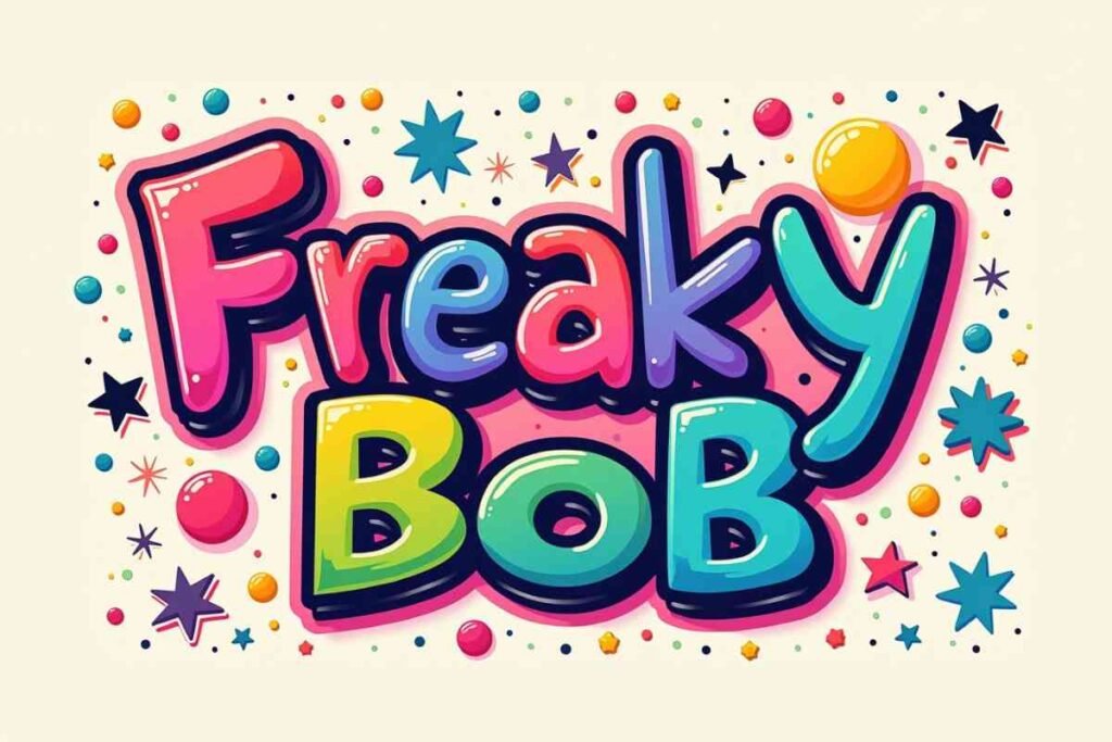 Close-up of Freaky Bob Font in a bold, colorful headline design, showcasing its unique lettering style perfect for download to enhance creative projects.