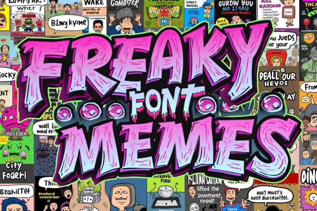 Gallery of three viral-style memes using freaky fonts: a black cat meme with Creepster font saying 'The prophecy has been fulfilled,' a chocolate-smeared toddler meme in Comic Neue with the caption 'Not guilty… okay, maybe a little,' and a tumbleweed meme in Bleeding Cowboys font captioned 'When nobody texts back.